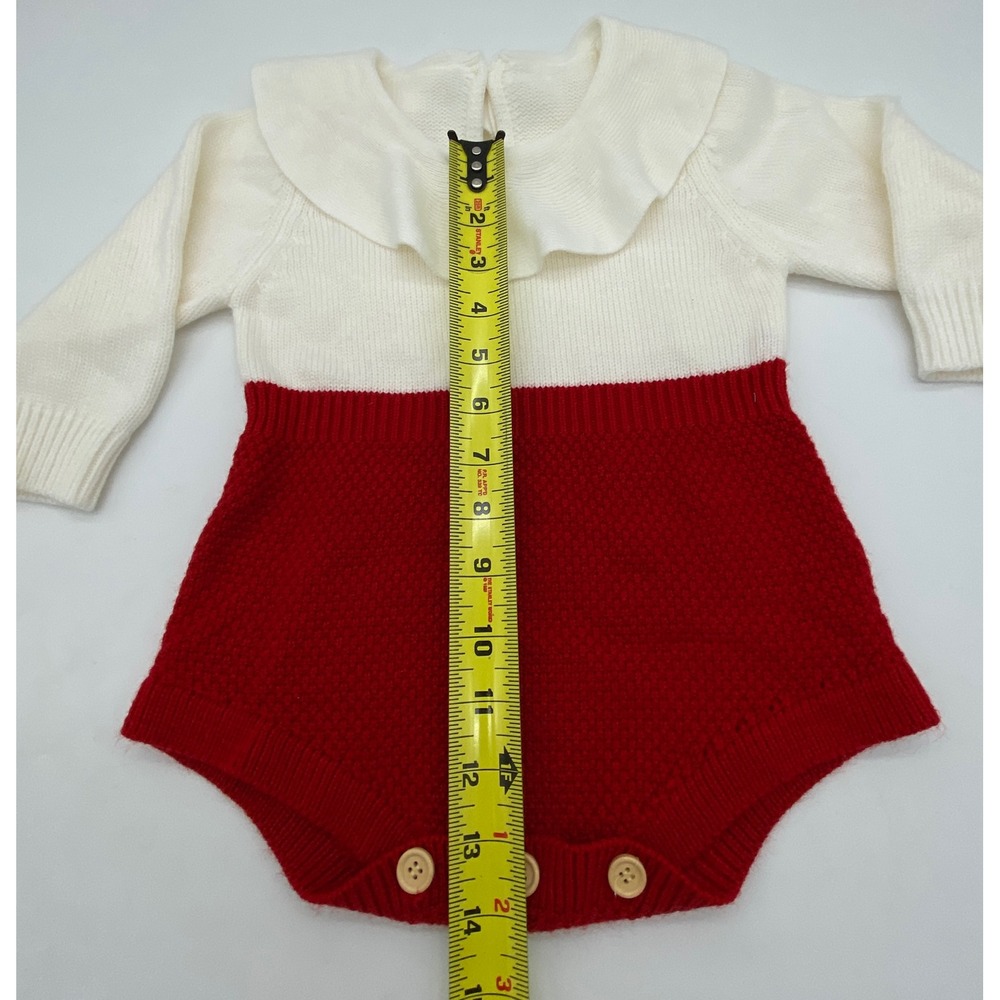 Isabella romper Red Cream Knit Ruffle Collar Long Sleeve Cotton One Piece - Picture 5 of 11